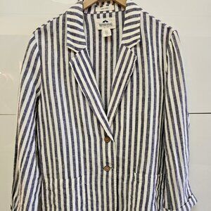 British Khaki Striped Two-Button Linen Blazer Jacket Navy/White